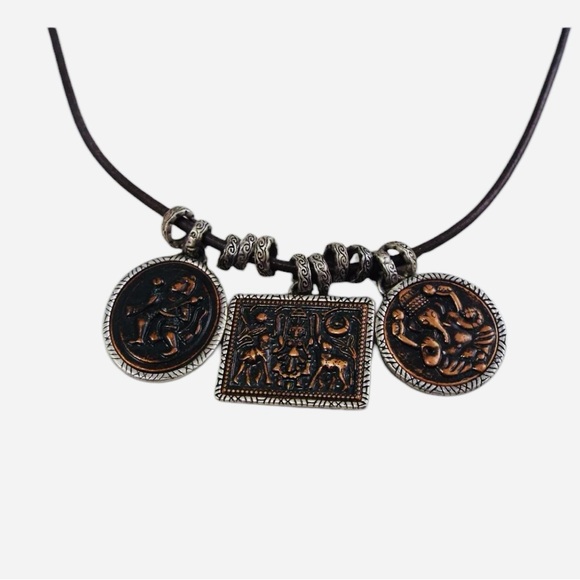 Silvertone Copper-tone Asian Scene Pendants Necklace - Picture 2 of 7